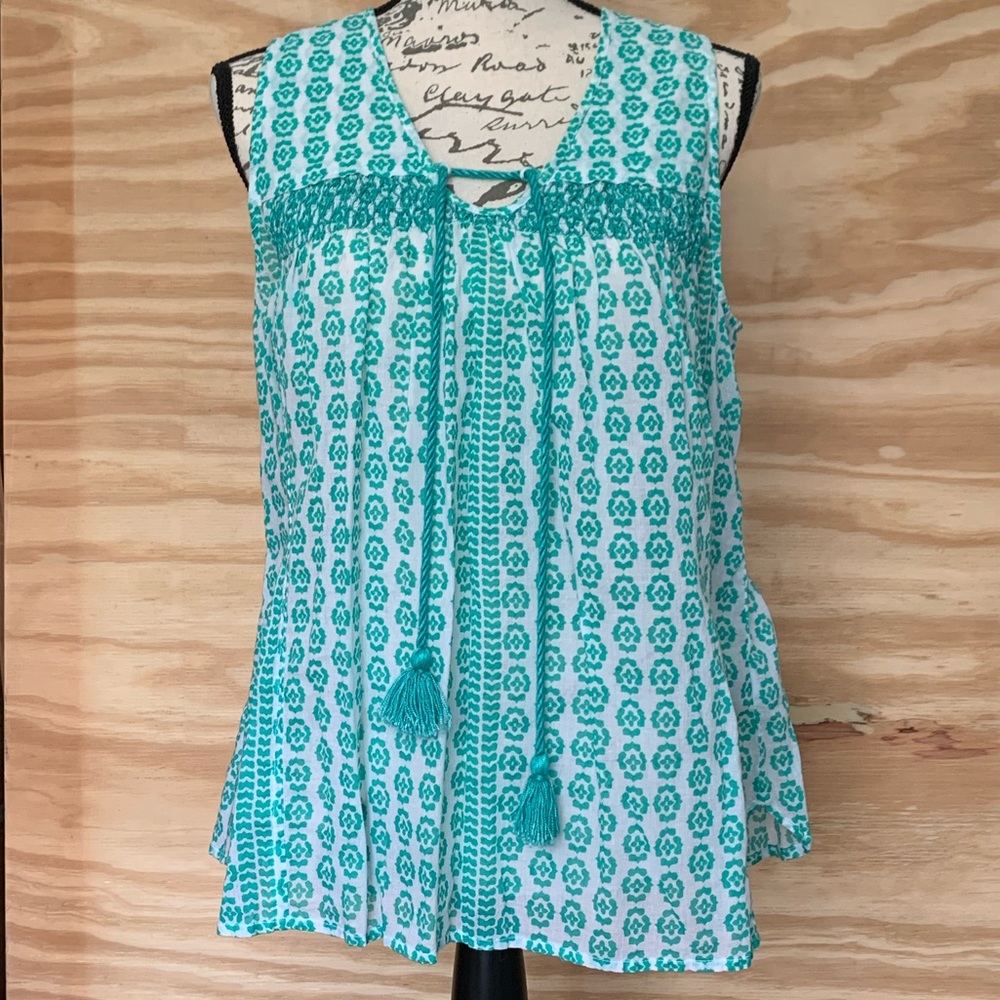 Teal Smocked Summery Blouse with Tassels